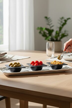 Wood 41 cm Porselen Kayık Sunum Tabağı  Porselen Sosluk Kase 12cm