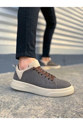 JY204 Flex Bağcıklı Keten Kumaş Erkek Günlük Sneaker Ayakkabı KKT - KahverengiKrem