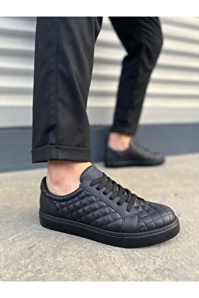 JY166 Prestige Bağcıklı Cilt Kapitone Desenli Erkek Günlük Sneaker Ayakkabı CST - Siyah