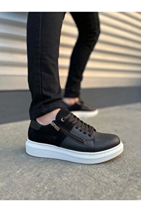 JY155 Warrior Bağcıklı ve Fermuarlı Cilt Süet Erkek Günlük Sneaker Ayakkabı CSBT - Siyah