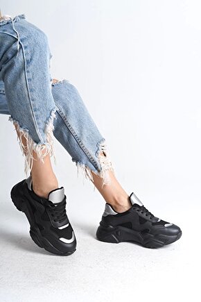 TOKYO Bağcıklı Ortopedik Taban Triko Detaylı Kadın Spor Ayakkabı TST - SiyahGri