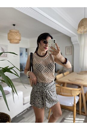 Kadın Askılı Yuvarlak Yaka Geometrik Desenli Triko Bluz