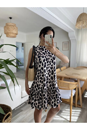 Kadın Kolsuz Sırttan Bağlamalı Fırfırlı Leopar Desenli Süprem Elbise