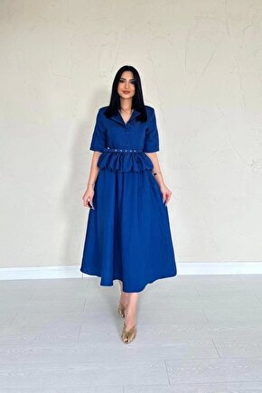 Lacivert İnce Kemerli Fırfırlı Ceket Ve Büzgülü Etek Takım