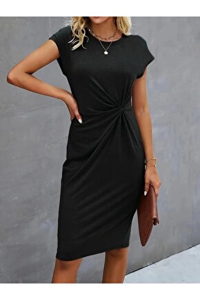Kadın Kısa Kollu Bisiklet Yaka Yandan Büzgülü Midi Viskon Elbise