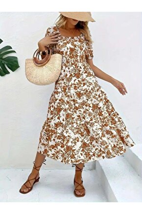 Kadın Kısa Kollu Kare Yakalı Lastikli Desenli Süprem Elbise