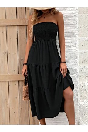 Kadın Straplez Göğüsten Lastikli Kloş Aerobin Uzun Elbise