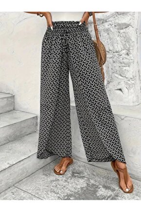Kadın Yüksek Bel Lastikli önden Iki Parçalı Desenli Bürümcük Pantolon