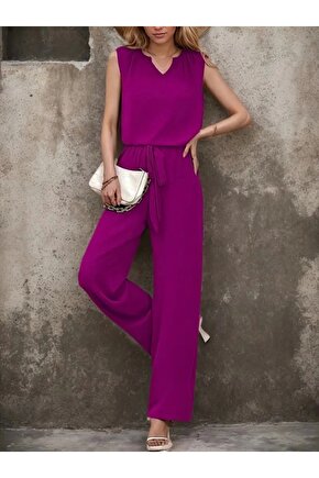 Kadın Kolsuz V Yakalı Aerobin Bluz Ve Belden Kuşaklı Pantolon Ikili Takım