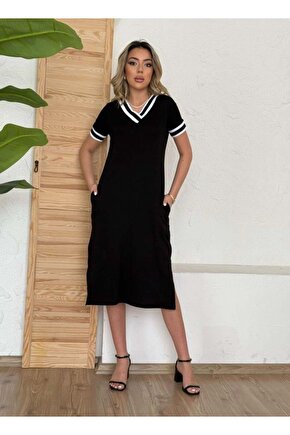 Kadın Kısa Kollu V Yaka Kol Ve Yaka Ribana Detay Midi Boy Viskon Elbise