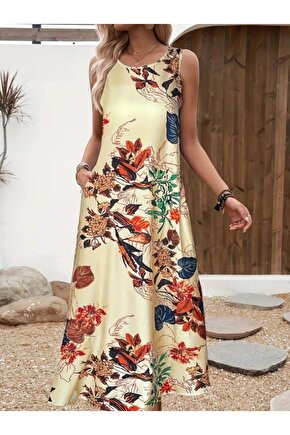 Kadın Askılı Yuvarlak Yaka Cepli Desenli Süprem Elbise