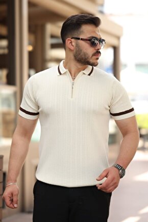 Erkek Yaka Ve Kolları çizgi Detaylı Fermuarlı Kısa Kollu T-shirt