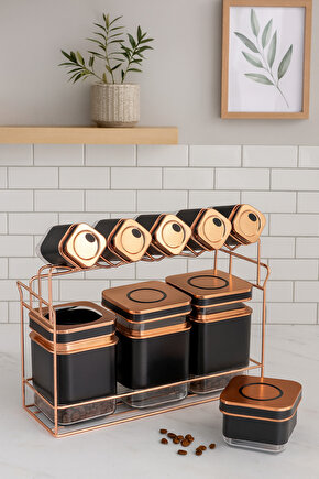 9’lu Bakır Kapaklı Siyah Saklama Kabı ve Baharatlık Seti – Metal Standlı Mutfak Düzenleyici