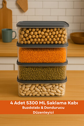 4 Parça Saklama Kabı Mikrodalga Uyumlu Buzdolabı Düzenleyici Saklama Kabı 4x5300 ML Antrasit