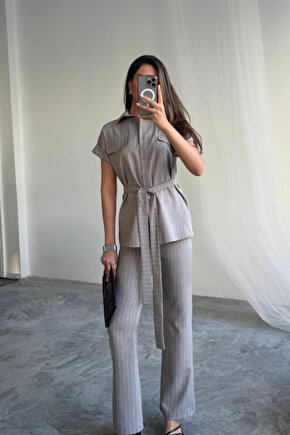 ÇİZGİLİ POLYVİSKON BLUZ - PANTOLON TAKIM - Gri