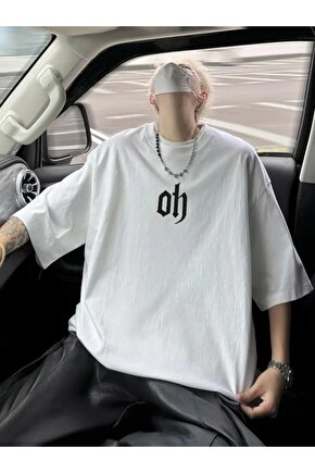 Baskılı Oversize Bisiklet Yaka T-shirt - Beyaz