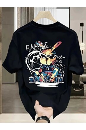 Baskılı Oversize Bisiklet Yaka T-shirt - Siyah