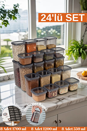 24 Adet 48 Parça 550 ml. 1200 ml. 1750 ml. Sızdırmaz Kapaklı Kare Erzak Bakliyat Saklama Kabı Seti
