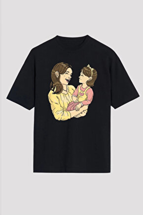Anneler Gününe Özel Tasarım Anne Kız Baskılı T-shirt - Siyah