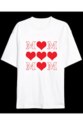 Anneler Gününe Özel Tasarım MOM Kalp Baskılı T-shirt - Beyaz