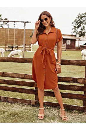 Kadın Kısa Kollu Yakalı önden Düğmeli Beli Kuşaklı Bürümcük Elbise