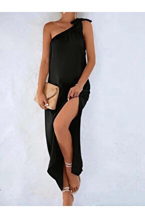 Kadın Tek Omuzdan Askılı Kurdela Detaylı Yırtmaçlı Uzun Janjan Krep Elbise