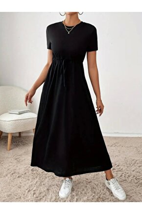 Kadın Kısa Kollu Bisiklet Yaka Belden Bağcıklı Cepli Viskon Elbise