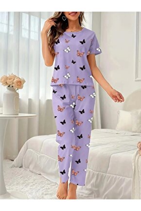 Kadın Kısa Kollu Bisiklet Yaka Kelebek Baskılı Süprem Ikili Takım