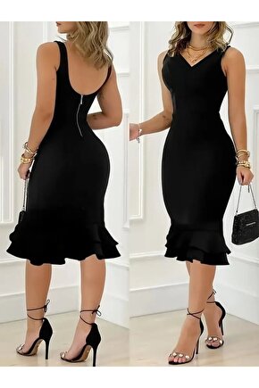 Kadın Askılı V Yaka Arkadan Fermuarlı Dalgıç Elbise