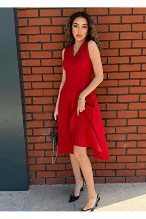 Kadın Ithal Krep Kumaş Kruvaze Yaka Eteği Kloş Kolsuz Mini Elbise