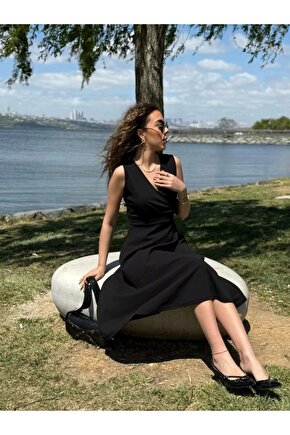 Kadın Ithal Krep Kumaş Kruvaze Yaka Eteği Kloş Kolsuz Mini Elbise