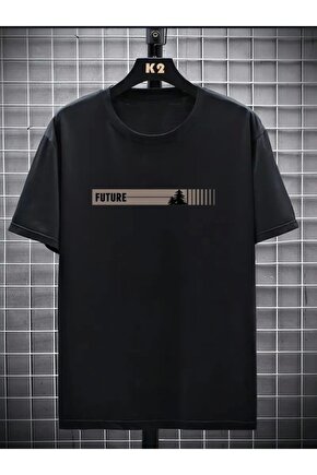 Baskılı Oversize Bisiklet Yaka T-shirt - Siyah