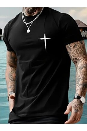 Baskılı Oversize Bisiklet Yaka T-shirt - Siyah