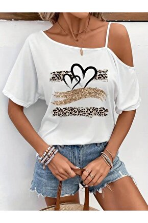 Kadın Tek Omuzu Açık Ip Askılı Baskılı Viskon Bluz