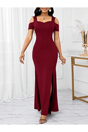 Kadın Omuzlardan Açık Askılı Yırtmaç Detaylı Uzun Ithal Krep Elbise