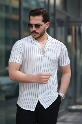 Erkek Kısa Kollu Gri çizgi Desenli örme Kumaş Pamuklu Gömlek