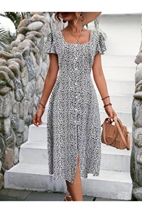 Kadın Kısa Kollu Kare Yaka önden Düğmeli çiçekli Süprem Elbise