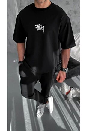 Unisex Bisiklet Yaka Baskılı Oversize T-Shirt - Siyah