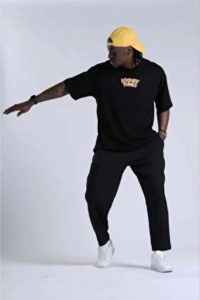 Unisex Bisiklet Yaka Baskılı Oversize T-Shirt - Siyah