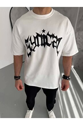 Unisex Bisiklet Yaka Baskılı Oversize T-Shirt - Beyaz