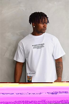 Unisex Bisiklet Yaka Baskılı Oversize T-Shirt - Beyaz