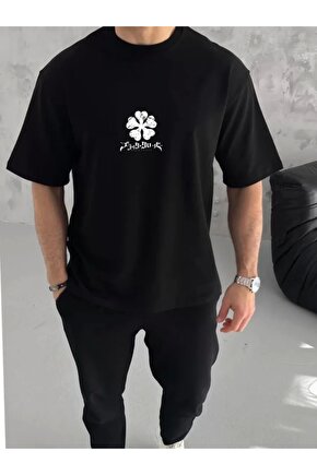 Unisex Bisiklet Yaka Baskılı Oversize T-Shirt - Siyah