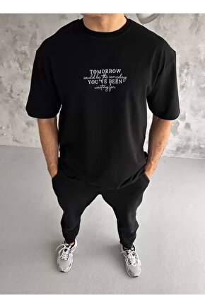 Unisex Bisiklet Yaka Baskılı Oversize T-Shirt - Siyah