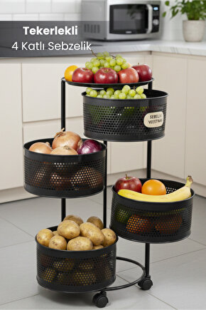 4 Katlı Tekerlekli Tepsili Metal Sebzelik Açılır Patates Soğan Meyvelik Sepeti Raf SİYAH