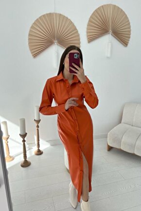 Oranj Boydan Düğmeli Deri Elbise