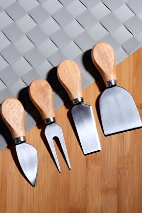 Bambu Saplı 4lü Çelik Servislik - Peynir Bıçağı Seti