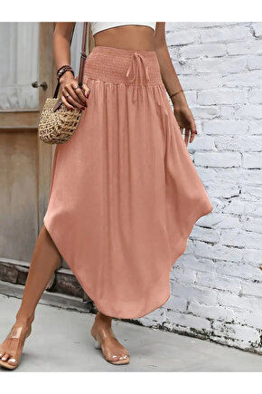 Kadın Yüksek Bel Belden Bağlamalı Asimetrik Kesim Detaylı Sandy Etek