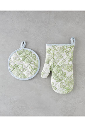 Greenery Pamuk Polyester 2 Parça Mutfak Seti 17x30 cm+20x20 cm Beyaz - Yeşil