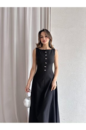 Kadın Taş Fiyonk Detaylı Uzun Elbise