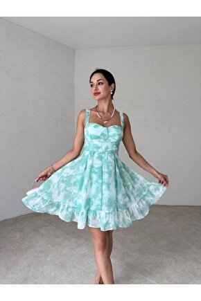 Gloplu Kalın Askılı Pile Etek Mini Şifon Yeşil Elbise